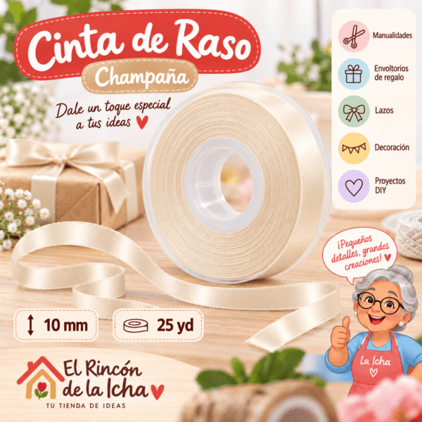 Cinta de Raso Champaña 10 mm x 25 yd Cinta de raso champaña de 10 mm x 25 yd estilo El Rincón de la Icha