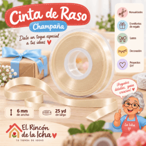 Cinta de Raso Champaña 6 mm x 25 yd Cinta de raso color champaña de 6 mm x 25 yd estilo El Rincón de la Icha