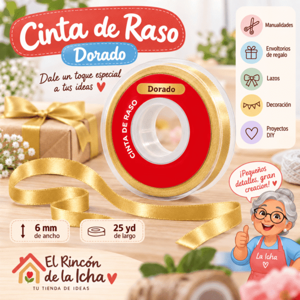Cinta de Raso Dorado 6 mm x 25 yd Cinta de raso color dorado de 6 mm x 25 yd estilo El Rincón de la Icha