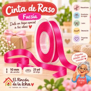 Cinta de Raso Fucsia 10 mm x 25 yd Cinta de raso color fucsia de 10 mm x 25 yd estilo El Rincón de la Icha