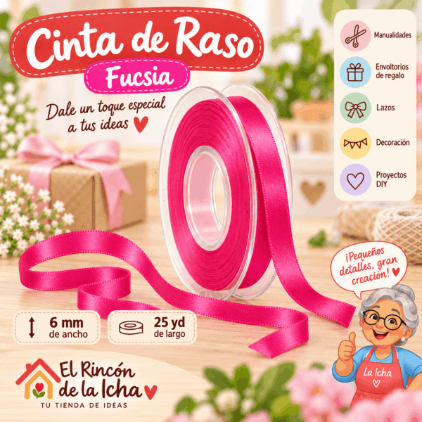 Cinta de Raso Fucsia 6 mm x 25 yd Cinta de raso color fucsia de 6 mm x 25 yd estilo El Rincón de la Icha