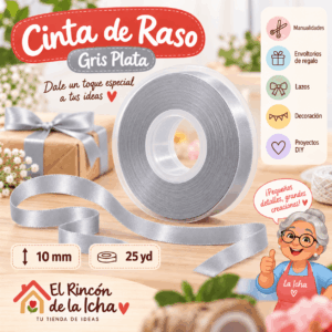 Cinta de Raso Gris Plata 10 mm x 25 yd Cinta de raso gris plata de 10 mm x 25 yd estilo El Rincón de la Icha