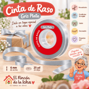 Cinta de Raso Gris Plata 6 mm x 25 yd Cinta de raso color gris plata de 6 mm x 25 yd estilo El Rincón de la Icha