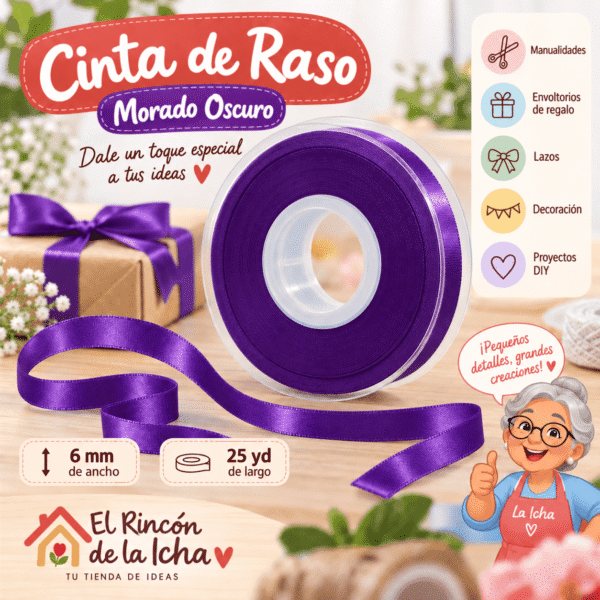 Cinta de Raso Morado Oscuro 6 mm x 25 yd Cinta de raso morado oscuro de 6 mm x 25 yd estilo El Rincón de la Icha