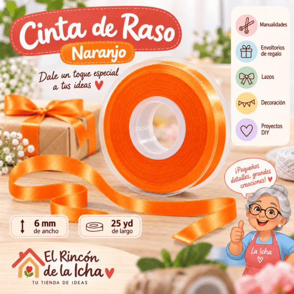 Cinta de raso naranjo de 6 mm x 25 yd estilo El Rincón de la Icha