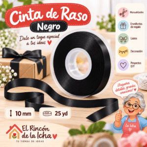 Cinta de Raso Negro 10 mm x 25 yd Cinta de raso negro de 10 mm x 25 yd estilo El Rincón de la Icha