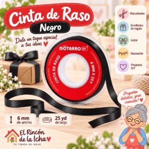 Cinta de Raso Negro 6 mm x 25 yd Cinta de raso negra de 6 mm x 25 yd estilo El Rincón de la Icha
