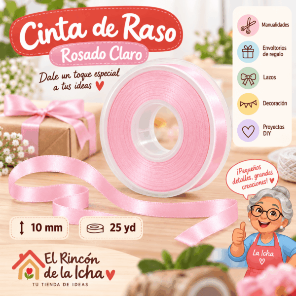 Cinta de Raso Rosado Claro 10 mm x 25 yd Cinta de raso rosado claro de 10 mm x 25 yd estilo El Rincón de la Icha