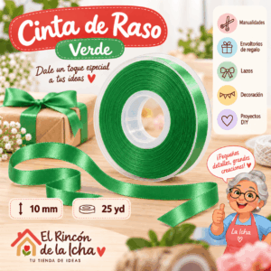 Cinta de Raso Verde 10 mm x 25 yd Cinta de raso verde de 10 mm x 25 yd estilo El Rincón de la Icha