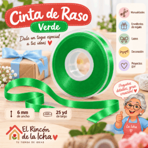 Cinta de Raso Verde 6 mm x 25 yd Cinta de raso verde de 6 mm x 25 yd estilo El Rincón de la Icha