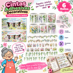 Cintas Adhesivas Decorativas PET Flores y Jardines | El Rincón de la Icha Cintas adhesivas decorativas PET de 50 mm x 2 m con diseños de flores, hojas, enredaderas y jardines.