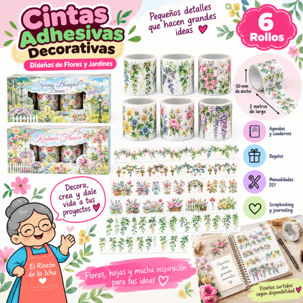 Cintas Adhesivas Decorativas PET Flores y Jardines | El Rincón de la Icha Cintas adhesivas decorativas PET de 50 mm x 2 m con diseños de flores, hojas, enredaderas y jardines.