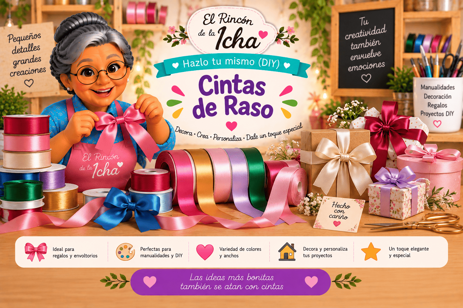 Cintas de Raso para Manualidades y Regalos | El Rincón de la Icha Cintas de raso de distintos colores para regalos, lazos, manualidades, decoración y proyectos DIY