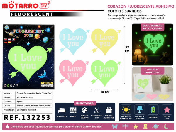 Corazón Fluorescente Adhesivo “I Love You” 22 x 18 cm – Colores Surtidos Corazón fluorescente adhesivo “I Love You” de 22 x 18 cm en colores surtidos para decorar paredes, dormitorios y rincones especiales.