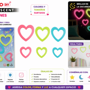 Corazones Fluorescentes Adhesivos – Colores y Tamaños Surtidos Corazones fluorescentes adhesivos en colores y tamaños surtidos para decorar paredes, dormitorios, rincones especiales y espacios creativos.