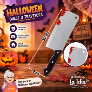 Cuchillo Carnicero Halloween con Efecto Sangre 30 x 9 cm Cuchillo carnicero Halloween decorativo de 30 x 9 cm con efecto sangre para disfraces y decoración de terror
