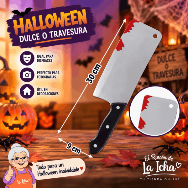 Cuchillo Carnicero Halloween con Efecto Sangre 30 x 9 cm Cuchillo carnicero Halloween decorativo de 30 x 9 cm con efecto sangre para disfraces y decoración de terror