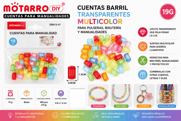cuentas-barril-transparentes-multicolor-19g-manualidades Cuentas Barril Transparentes Multicolor 19 g para Pulseras, Bisutería y Manualidades