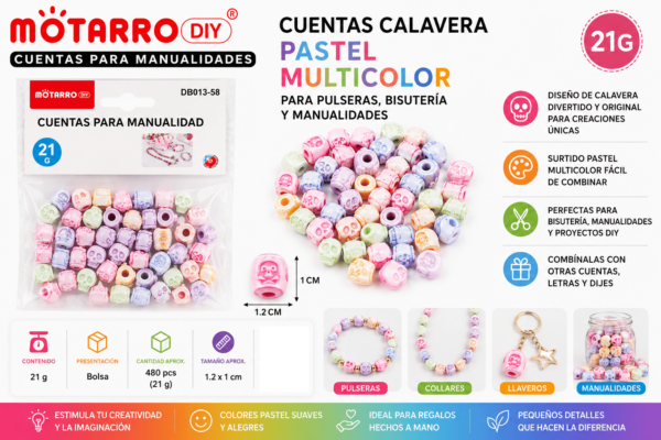Cuentas Calavera Pastel Multicolor 21 g para Manualidades Cuentas calavera pastel multicolor de 21 g para pulseras, collares, llaveros, bisutería y manualidades DIY