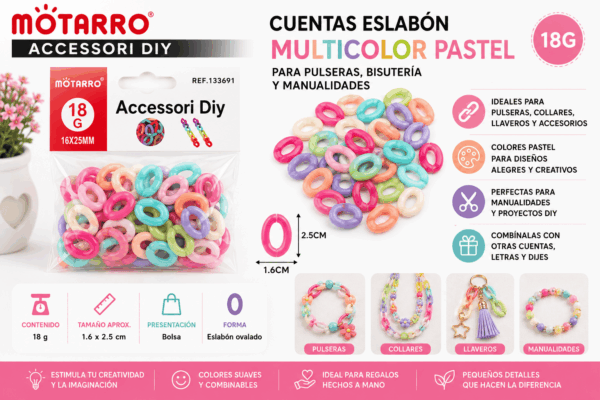 Cuentas Eslabón Multicolor Pastel 18 g para Pulseras y Manualidades Cuentas eslabón multicolor pastel de 18 g para pulseras, collares, llaveros, bisutería y manualidades DIY