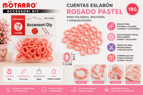Cuentas Eslabón Rosado Pastel 18 g para Pulseras y Manualidades Cuentas eslabón rosado pastel de 18 g para pulseras, collares, llaveros, bisutería y manualidades DIY