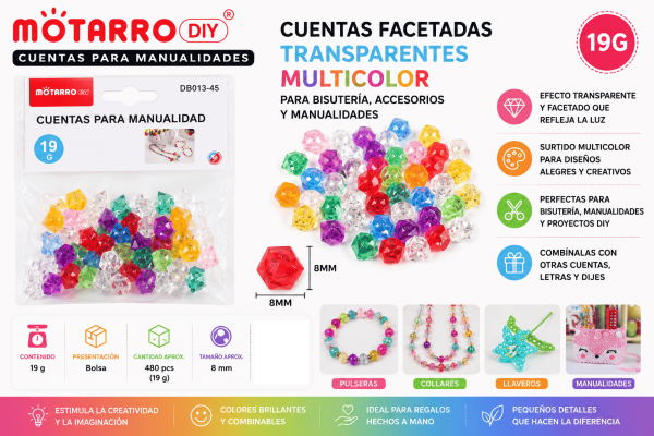 cuentas-facetadas-transparentes-multicolor-8mm-19g-manualidades Cuentas Facetadas Transparentes Multicolor 8 mm 19 g para Bisutería y Manualidades