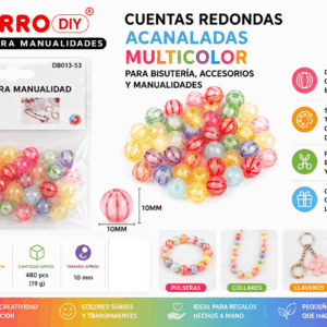 Cuentas Redondas Acanaladas Multicolor 10 mm 19 g Cuentas redondas acanaladas multicolor de 10 mm y 19 g para pulseras, collares, bisutería, llaveros y manualidades DIY