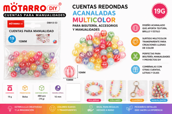 Cuentas Redondas Acanaladas Multicolor 10 mm 19 g Cuentas redondas acanaladas multicolor de 10 mm y 19 g para pulseras, collares, bisutería, llaveros y manualidades DIY