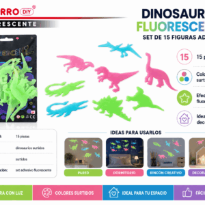Set de 15 Dinosaurios Fluorescentes Adhesivos – Colores Surtidos Set de 15 dinosaurios fluorescentes adhesivos en diseños y colores surtidos para decorar paredes, dormitorios y espacios creativos.