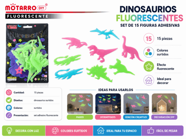 Set de 15 Dinosaurios Fluorescentes Adhesivos – Colores Surtidos Set de 15 dinosaurios fluorescentes adhesivos en diseños y colores surtidos para decorar paredes, dormitorios y espacios creativos.
