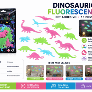 Set de 15 Dinosaurios Fluorescentes Adhesivos – Diseños y Colores Surtidos Set de 15 dinosaurios fluorescentes adhesivos en distintos diseños y colores surtidos para decorar paredes, dormitorios y espacios creativos.