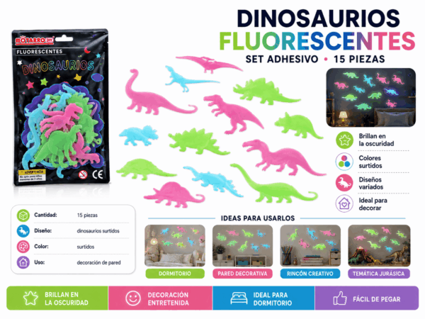 Set de 15 Dinosaurios Fluorescentes Adhesivos – Diseños y Colores Surtidos Set de 15 dinosaurios fluorescentes adhesivos en distintos diseños y colores surtidos para decorar paredes, dormitorios y espacios creativos.