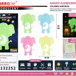Elefante Fluorescente Adhesivo 22 x 18 cm – Colores Surtidos Elefante fluorescente adhesivo de 22 x 18 cm en colores surtidos para decorar paredes, dormitorios y espacios creativos.