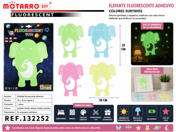 Elefante Fluorescente Adhesivo 22 x 18 cm – Colores Surtidos Elefante fluorescente adhesivo de 22 x 18 cm en colores surtidos para decorar paredes, dormitorios y espacios creativos.