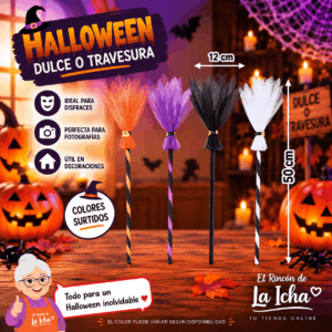 Escoba de Bruja Halloween Decorativa 50 x 12 cm – Colores Surtidos Escoba de bruja Halloween decorativa de 50 x 12 cm en colores surtidos para disfraces y decoración temática