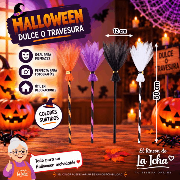Escoba de Bruja Halloween Decorativa 50 x 12 cm – Colores Surtidos Escoba de bruja Halloween decorativa de 50 x 12 cm en colores surtidos para disfraces y decoración temática