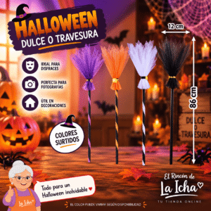 Escoba de Bruja Halloween Decorativa 86 x 12 cm – Colores Surtidos Escoba de bruja Halloween decorativa de 86 x 12 cm en colores surtidos para disfraces y ambientaciones temáticas