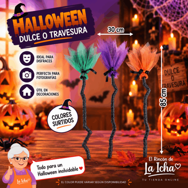 Escoba de bruja Halloween decorativa de 85 x 30 cm con mango rústico y colores surtidos