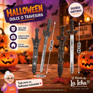 Espada Halloween Decorativa con Funda 49 a 54 cm – Diseños Surtidos Espada Halloween decorativa con funda de 49 a 54 cm en diseños surtidos para disfraces y fantasía