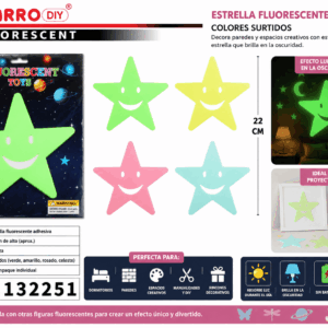 Estrella Fluorescente Adhesiva con Cara Sonriente 22 cm – Colores Surtidos Estrella fluorescente adhesiva con cara sonriente de aproximadamente 22 cm de alto, disponible en colores surtidos para decorar paredes y dormitorios.