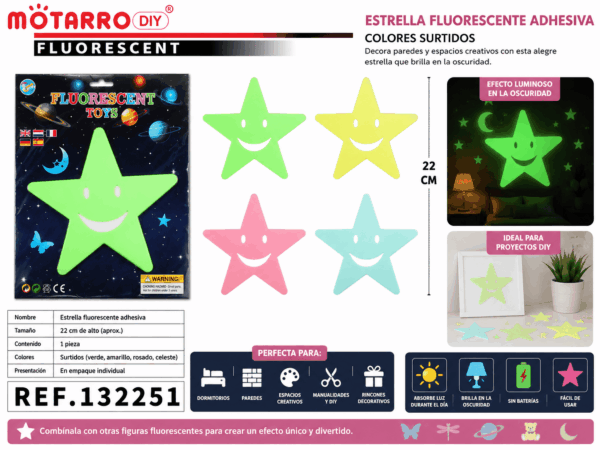 Estrella Fluorescente Adhesiva con Cara Sonriente 22 cm – Colores Surtidos Estrella fluorescente adhesiva con cara sonriente de aproximadamente 22 cm de alto, disponible en colores surtidos para decorar paredes y dormitorios.