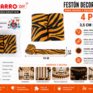 Festón Decorativo Animal Print Tigre 3,5 cm x 10 m para Fiestas Set de 4 festones decorativos animal print tipo tigre de 3,5 cm x 10 m en naranjo y negro para fiestas y decoración DIY.