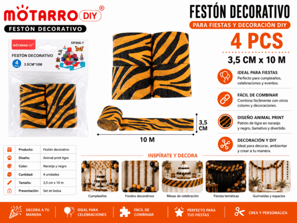 Festón Decorativo Animal Print Tigre 3,5 cm x 10 m para Fiestas Set de 4 festones decorativos animal print tipo tigre de 3,5 cm x 10 m en naranjo y negro para fiestas y decoración DIY.