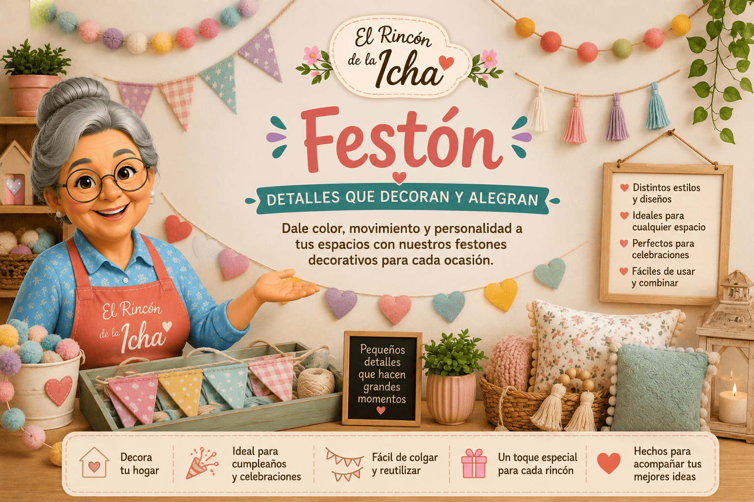 Festón Decorativo | El Rincón de la Icha Festones decorativos de colores para hogar, cumpleaños, celebraciones y espacios especiales
