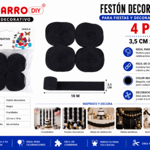 Festón Decorativo Negro 3,5 cm x 10 m para Fiestas y Manualidades Set de 4 festones decorativos negros de 3,5 cm x 10 m para fiestas, fondos decorativos, celebraciones y proyectos DIY.