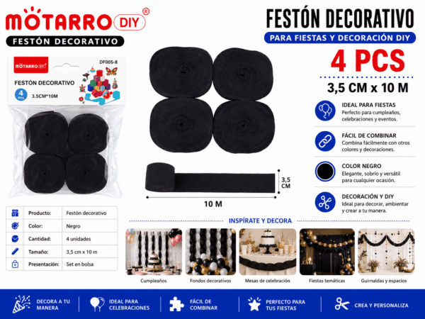 Festón Decorativo Negro 3,5 cm x 10 m para Fiestas y Manualidades Set de 4 festones decorativos negros de 3,5 cm x 10 m para fiestas, fondos decorativos, celebraciones y proyectos DIY.