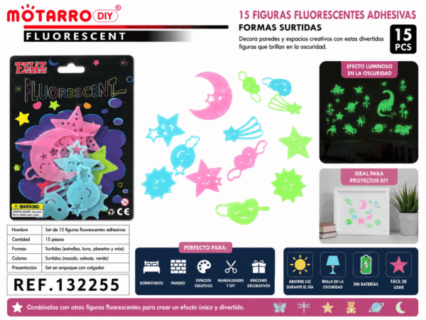 Set de 15 figuras fluorescentes adhesivas en formas y colores surtidos para decorar paredes, dormitorios y espacios creativos.