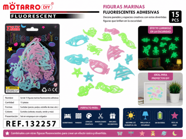 Set de 15 Figuras Marinas Fluorescentes Adhesivas – Colores Surtidos Set de 15 figuras marinas fluorescentes adhesivas en formas y colores surtidos para decorar paredes, dormitorios y espacios creativos.