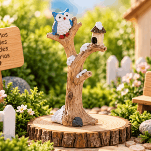 Figurita Decorativa Árbol con Búho y Casita Figurita decorativa de árbol con búho y pequeña casita, ideal para mini jardines, maquetas y escenarios creativos
