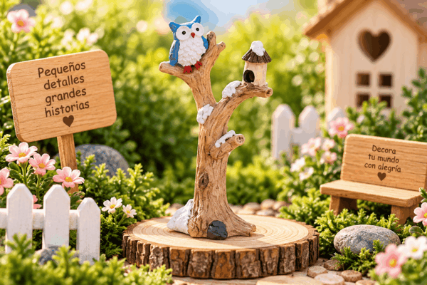 Figurita Decorativa Árbol con Búho y Casita Figurita decorativa de árbol con búho y pequeña casita, ideal para mini jardines, maquetas y escenarios creativos
